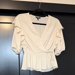 Express Cream Ruffle Sleeve Wrap Blouse